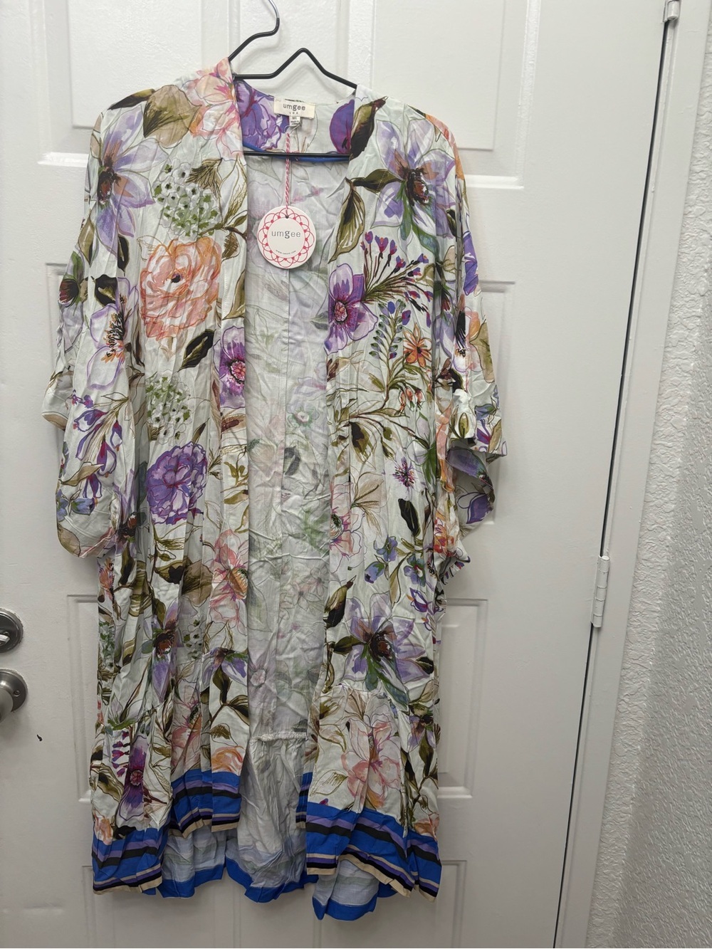 Umgee Rayon Floral Kimono White with Purple & Pink Flowers OS